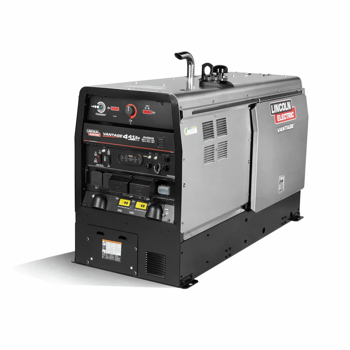 The Lincoln Vantage 441X Engine Driven Welder Perkins (K4535-1) is a large, industrial diesel welder with a black front panel featuring gauges, switches, and sockets, plus a silver body with red and white Lincoln Electric logo and side vents.