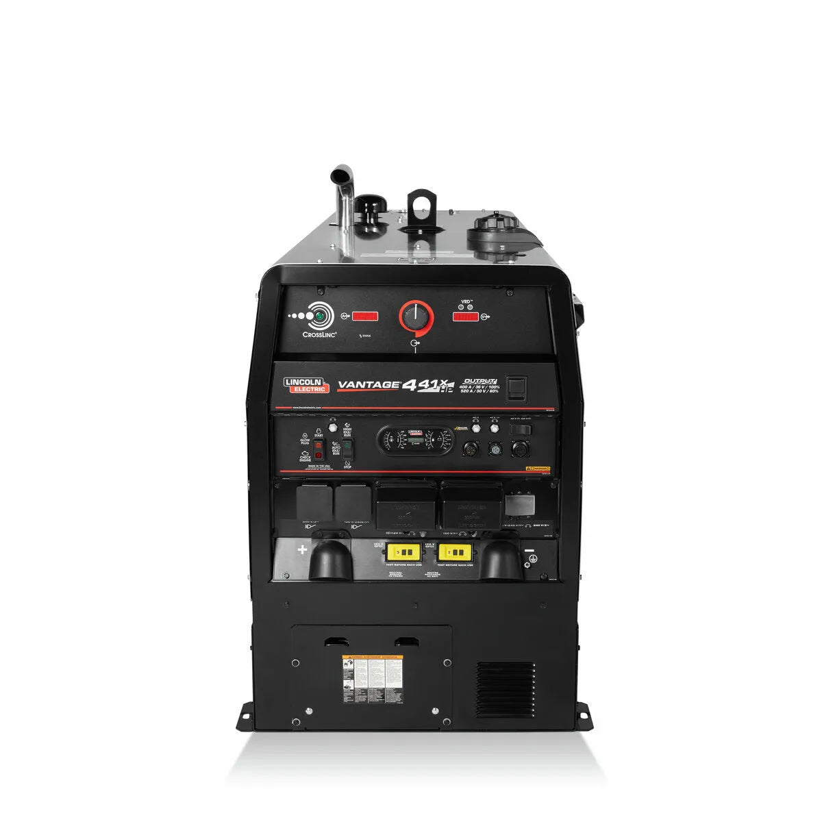 A black Lincoln Vantage 441X Engine Driven Welder Perkins (K4535-1) is shown from the front, displaying multiple dials, switches, gauges, and labeled power outlets against a plain white background.