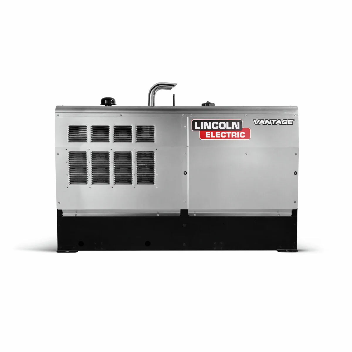 The Lincoln Vantage 441X Engine Driven Welder Perkins - K4535-1 features a silver finish with front ventilation grilles, prominent branding, a black base, and a metallic exhaust pipe on top, shown against a white background.
