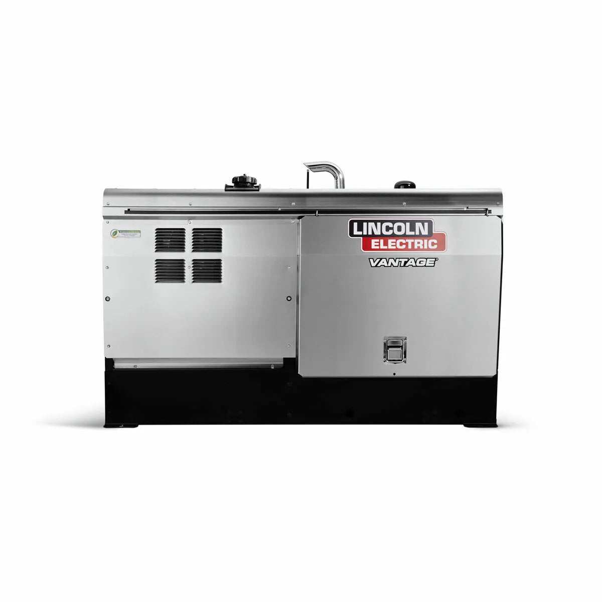 A silver and black Lincoln Vantage 441X Engine Driven Welder Perkins - K4535-1 with diesel power, vents, a top handle, and bold front branding is displayed on a plain white background.