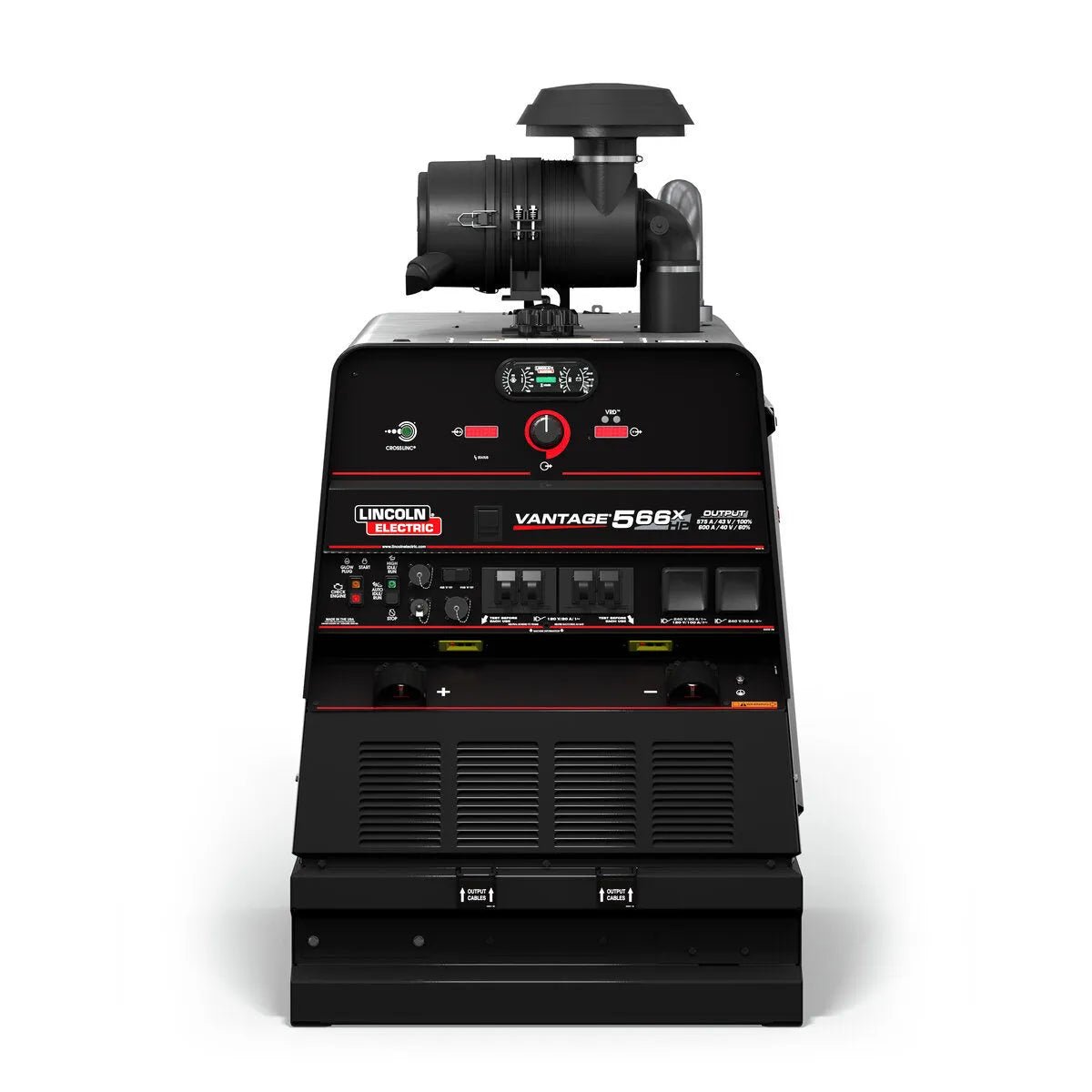 Front view of the Lincoln Vantage 566X Engine Driven Welder Deutz - K3239-3, featuring black and red design, control panels, gauges, dials, top exhaust stack, multiple ports and vents, plus advanced CrossLinc Technology for remote operation.