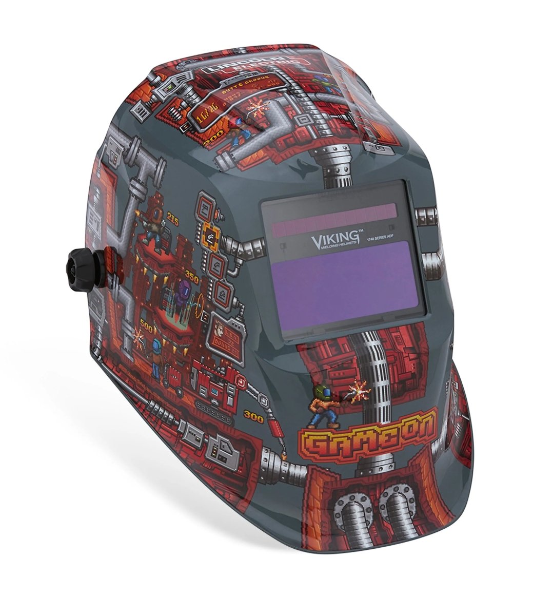 The Lincoln VIKING 1740 Game On Welding Helmet - K5562-3 features a bold design with red, gray, and yellow mechanical graphics and dials, a rectangular auto-darkening “VIKING” lens, and “GAME ON” in pixelated font.