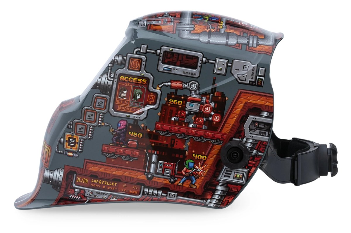 The Lincoln VIKING 1740 Game On Welding Helmet (K5562-3) features a gray shell with vibrant pixel-art characters in a sci-fi theme, 4C Lens Technology for clear auto-darkening vision, and a black adjustable strap.