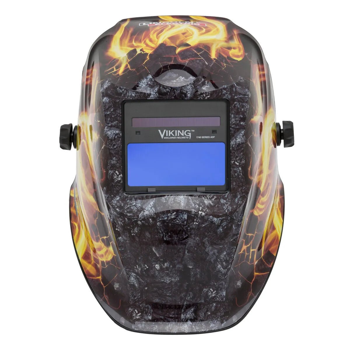 The Lincoln VIKING 1740 Ignition Welding Helmet - K4375-3 features a black and gray cracked surface with fiery flames, a large blue-tinted viewing window with 4C Lens Technology, Viking branding, and dual side adjustment knobs.