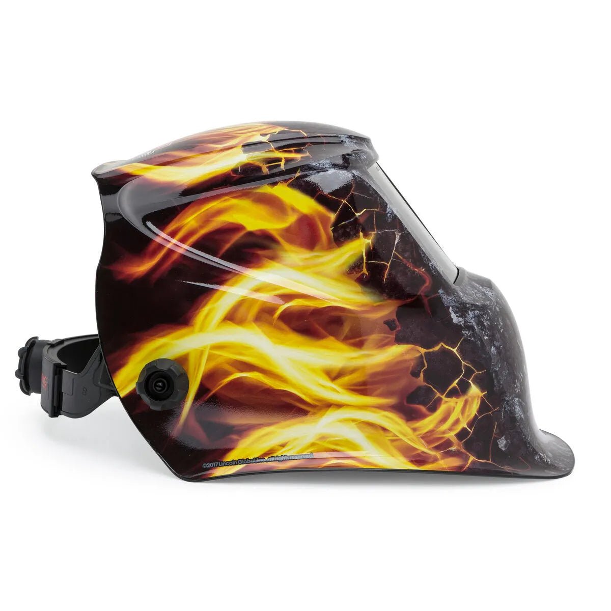 The Lincoln VIKING 1740 Ignition Welding Helmet - K4375-3 features a black design, vivid yellow and orange flame graphics, curved face shield, side view windows, adjustable head strap, and 4C Lens Technology for clear vision.