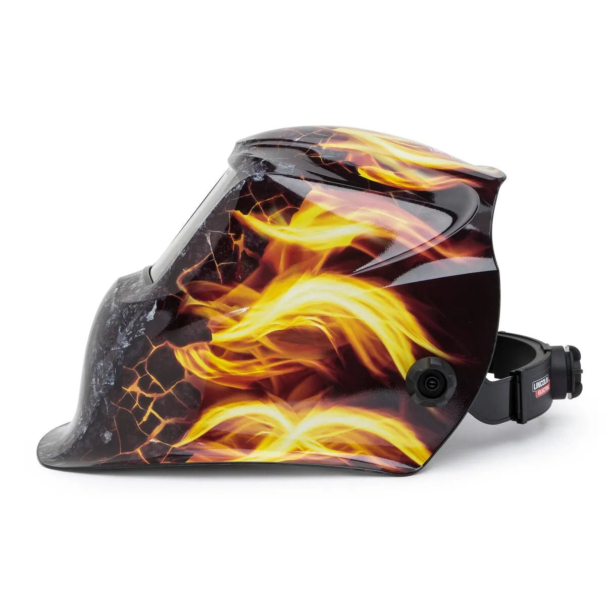 The Lincoln VIKING 1740 Ignition Welding Helmet - K4375-3 features a glossy black finish with vivid yellow and orange flames, an adjustable headband, cracked texture, and prominent face shield for enhanced safety and bold style.
