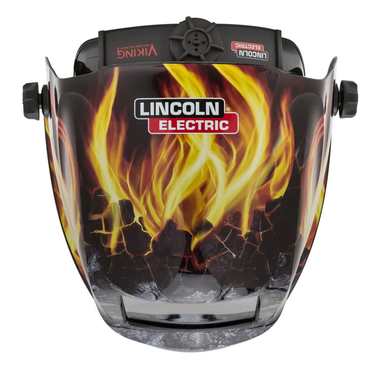 The Lincoln VIKING 1740 Ignition Welding Helmet - K4375-3 features a yellow and orange flame design over cracked ground, 4C Lens Technology, auto-darkening, side adjustment knobs, and the Lincoln Electric logo on the front.