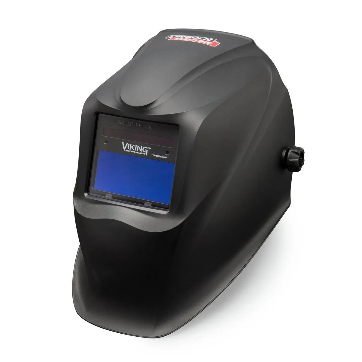 The Lincoln VIKING 1740 Matte Black Welding Helmet - K3282-3 features 4C Lens Technology, a curved design, blue-tinted auto-darkening lens marked VIKING, side adjustment knob, and a red and white Lincoln Electric logo on top.