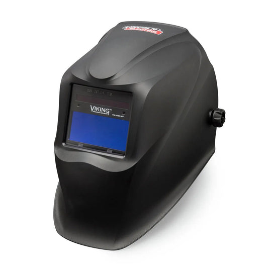 The Lincoln VIKING 1740 Matte Black Welding Helmet - K3282-3 features 4C Lens Technology, a curved design, blue-tinted auto-darkening lens marked VIKING, side adjustment knob, and a red and white Lincoln Electric logo on top.