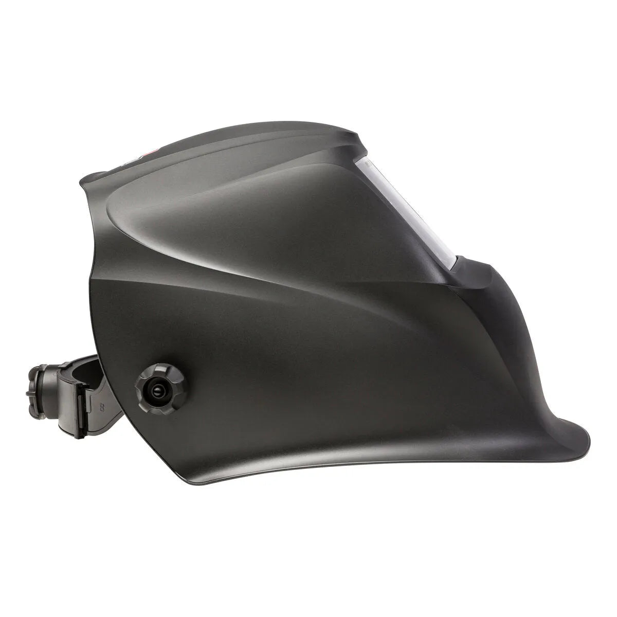 Side view of the Lincoln VIKING 1740 Matte Black Welding Helmet (K3282-3) with adjustable headband, rectangular auto-darkening lens for eye protection, a sleek matte finish, and advanced 4C Lens Technology.