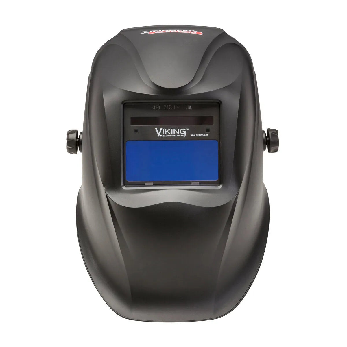 The Lincoln VIKING 1740 Matte Black Welding Helmet - K3282-3 features a blue-tinted auto-darkening window, ergonomic design, smooth contours, adjustable fit, and 4C Lens Technology—ideal protection for welding tasks.