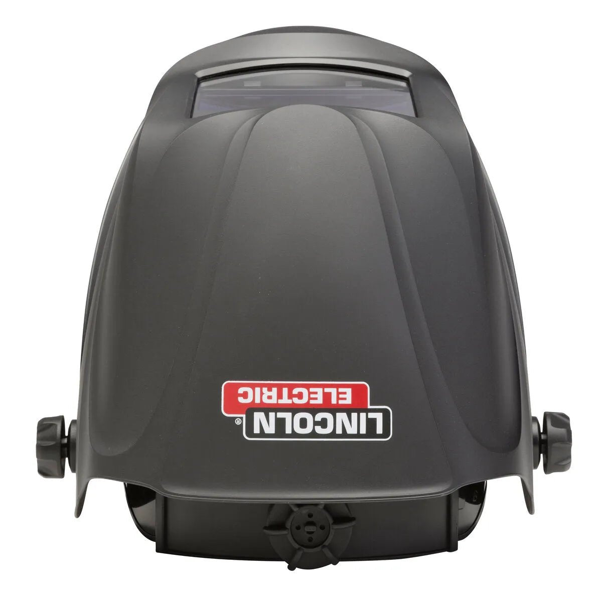A Lincoln VIKING 1740 Matte Black Welding Helmet - K3282-3 is shown from above, featuring adjustment knobs, a clear rectangular auto-darkening window, and a red and white inverted LINCOLN ELECTRIC logo near the bottom center.