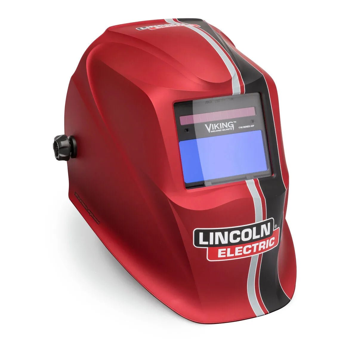 The Lincoln VIKING 1740 ReCode Welding Helmet K3495-3 showcases a vivid red design with black and white racing stripes, a dark auto-darkening lens, an adjustable knob, and a prominent Lincoln Electric logo on the front.