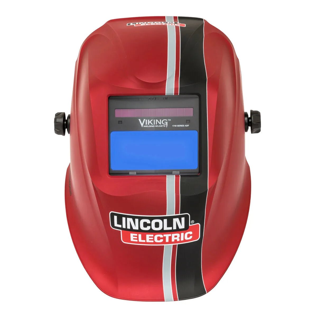 A red Lincoln VIKING 1740 ReCode Welding Helmet (K3495-3) with a black and white vertical stripe, rectangular “Viking” viewing lens, side adjustment knobs, and the Lincoln Electric logo printed on the front.