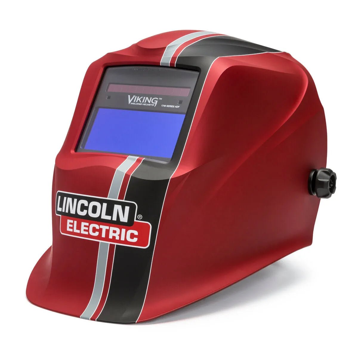 The Lincoln VIKING 1740 ReCode Welding Helmet K3495-3 is a red auto-darkening helmet with black and white racing stripes, a rectangular viewing window, adjustable side knob, and the bold Lincoln Electric logo on the front.