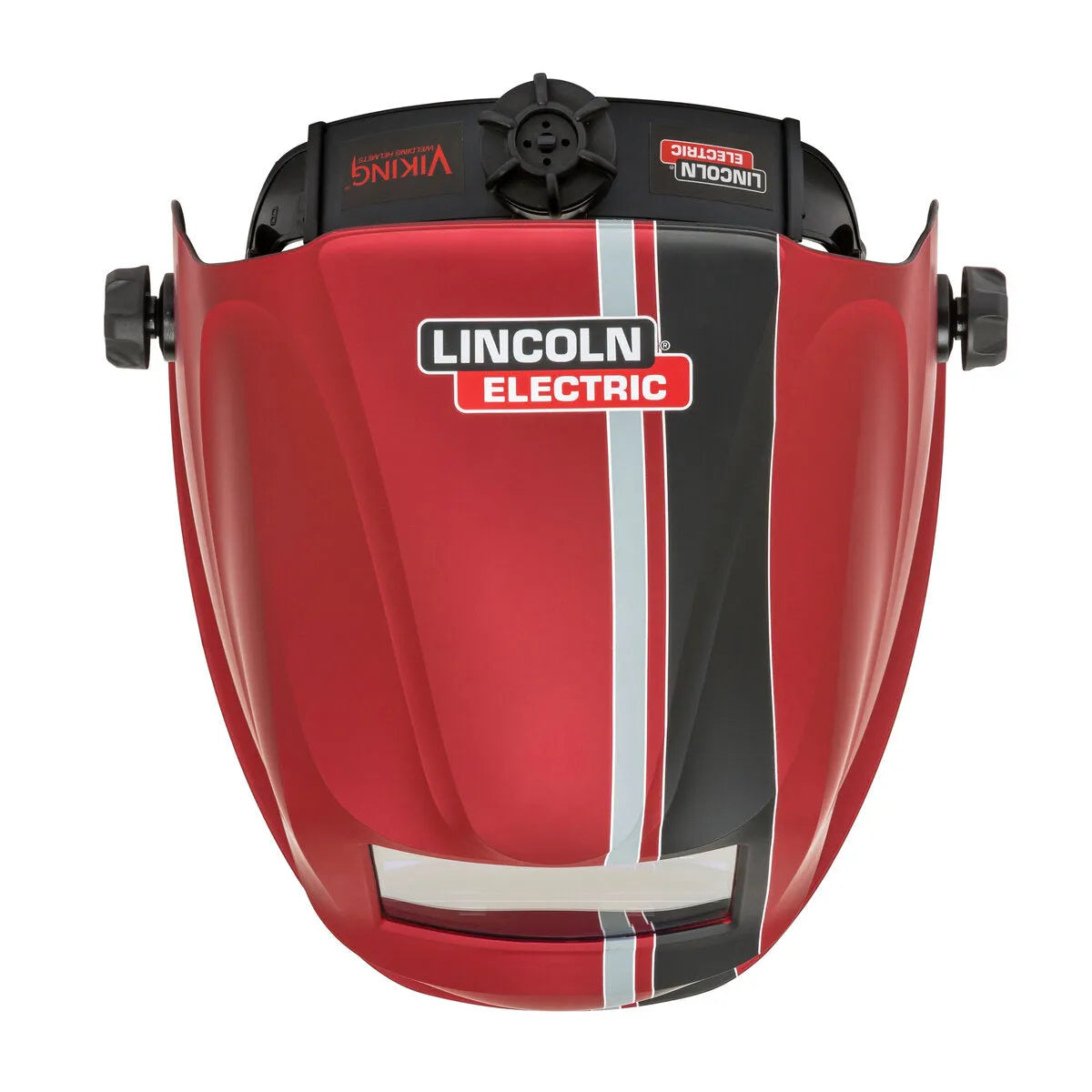 The Lincoln VIKING 1740 ReCode Welding Helmet K3495-3 is red with black, white, and gray racing stripes, features the Lincoln Electric logo on the front, side adjustment knobs, a rectangular viewing window, and VIKING 1740 branding on top.