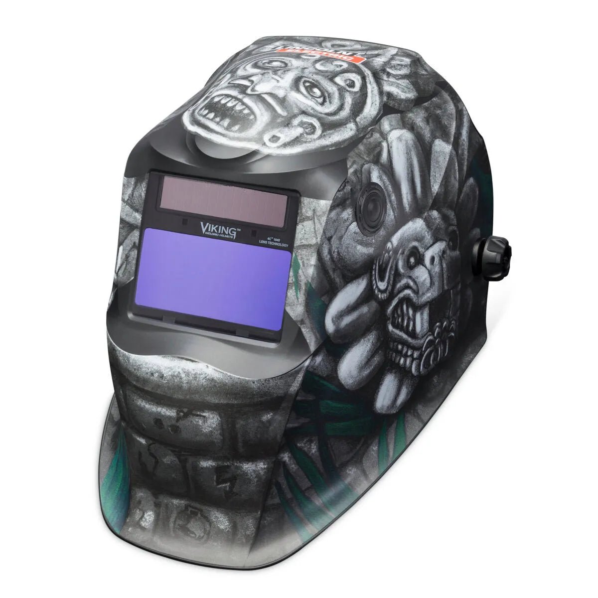 The Lincoln VIKING 1840 Series Aztec Welding Helmet (K4175-4) features striking Aztec-inspired graphics, a large blue-tinted viewing window, and VIKING branding—combining standout style with reliable functionality for welders.
