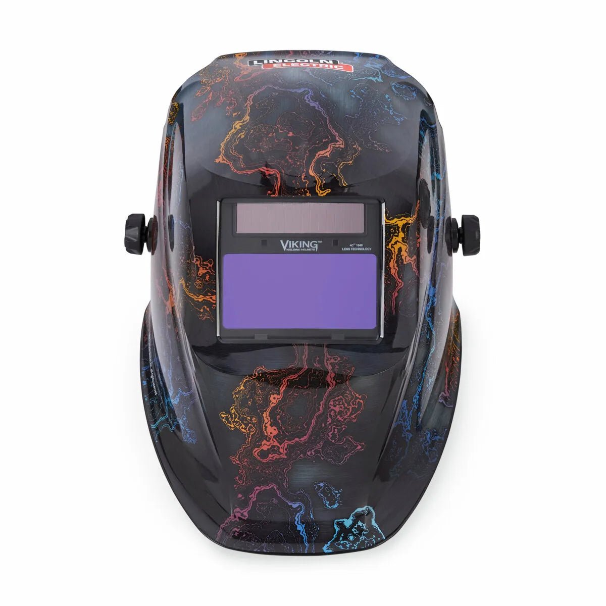 The Lincoln VIKING 1840 Series Tempered Welding Helmet - K5432-4 is black, with a rectangular 4C Lens Technology viewing lens, bold blue, orange, and red lightning graphics, side adjustment knobs, and Viking branding above the lens.