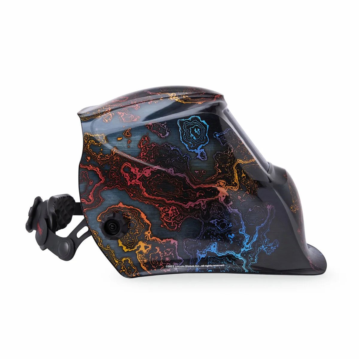 The Lincoln VIKING 1840 Series Tempered Welding Helmet (K5432-4) features a matte black finish with a bold marbled pattern in orange, red, yellow, and blue, plus an angular full-face design and chin guard inspired by high-end auto-darkening helmets.