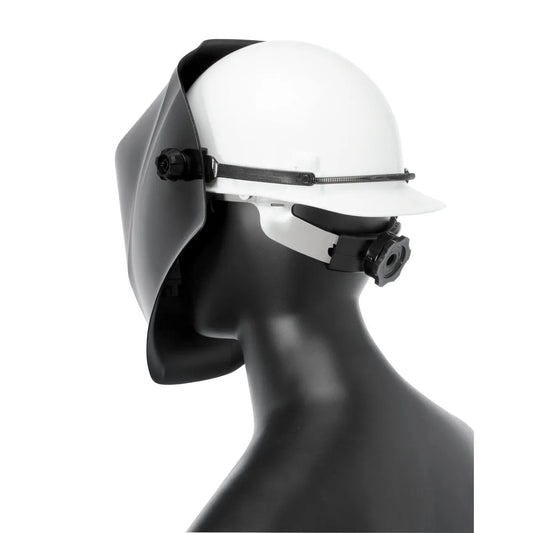 Lincoln VIKING Halo Hard Hat Adapter KP3047-1 with face shield on mannequin, welding safety helmet gear, side view, white background.