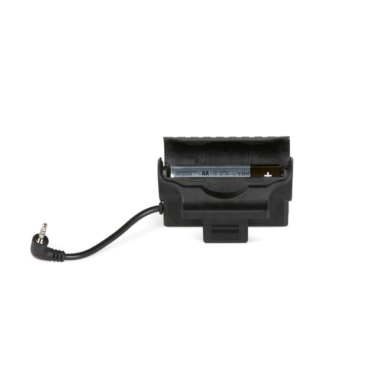 The Lincoln VIKING 2450 ADV LED Light Kit - KP5245-1 is a black, rectangular battery holder with a visible AA slot, clip/mount at the bottom, cable attached, and a right-angle 3.5mm plug for welding helmet use.