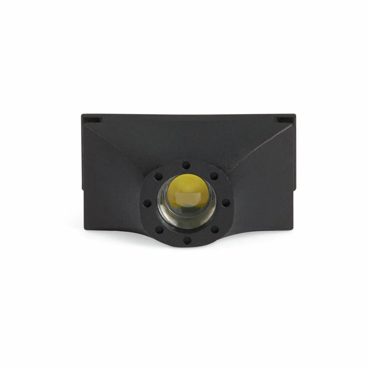 A front view of the Lincoln VIKING 2450 ADV Series Black Welding Helmet (K3028-5) shows a black rectangular sensor with a central auto-darkening lens and yellow inner ring, set against a white background.