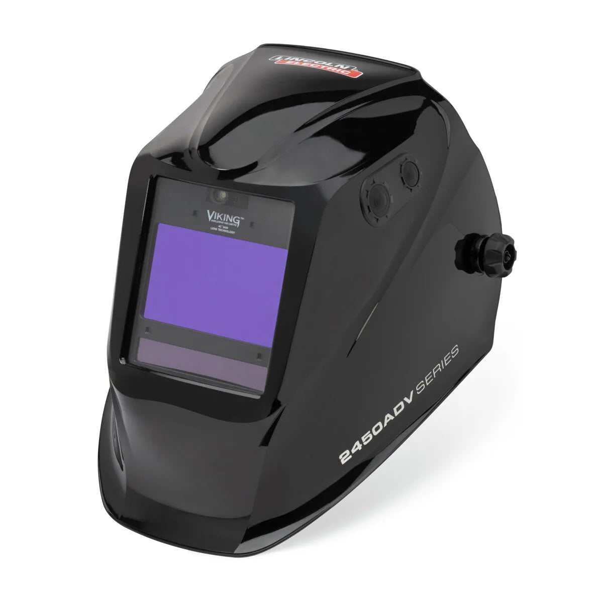 The Lincoln VIKING 2450 ADV Series Black Welding Helmet - K3028-5 features a glossy black finish, rectangular auto-darkening lens, purple-tinted screen, side control knobs, and offers dependable face and eye protection for welding.