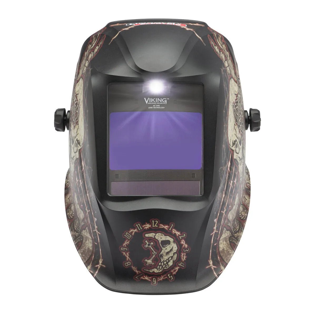 The Lincoln VIKING 2450 ADV Series Graveyard Shift Welding Helmet (K3099-5) features black skull artwork, rune-like symbols, a purple-tinted auto-darkening window with 4C Lens Technology, dual adjustment knobs, and a central LED above the window.