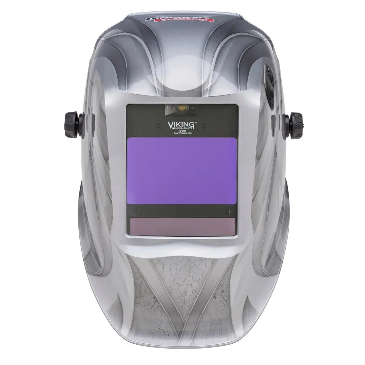 The Lincoln VIKING 2450 ADV Series Heavy Metal Welding Helmet (K3029-5) features a large auto-darkening lens, curved patterns, black adjustment knobs, and “VIKING” above the viewing area. The sleek helmet offers reliable protection and style.