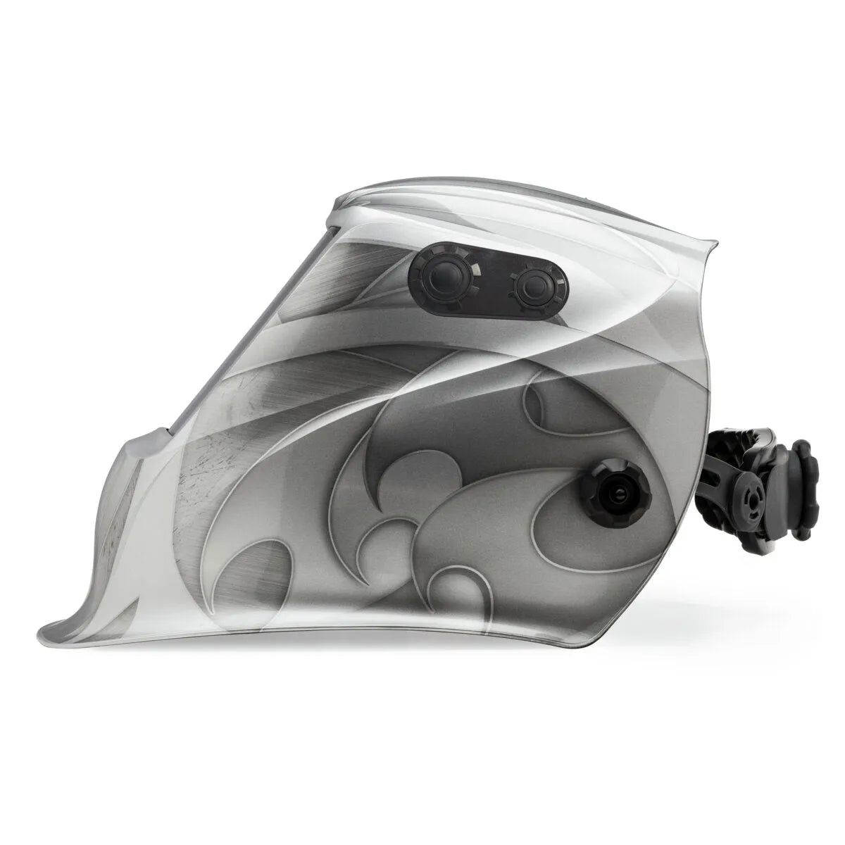 A side view of the Lincoln VIKING 2450 ADV Series Heavy Metal Welding Helmet (K3029-5) with abstract gray and silver swirling patterns, two black adjustment knobs, a mounting mechanism, 4C Lens Technology, on a plain white background.