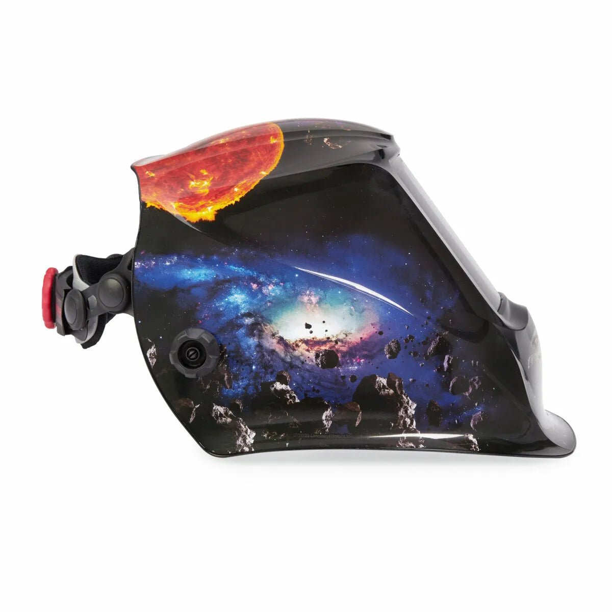 The Lincoln VIKING 2450 ADV Series Intergalactic Welding Helmet (K5243-5) features an auto-darkening lens, curved shape, adjustable red side knob, and vivid space-themed graphics with a fiery sun, nebulae, galaxies, and asteroids.