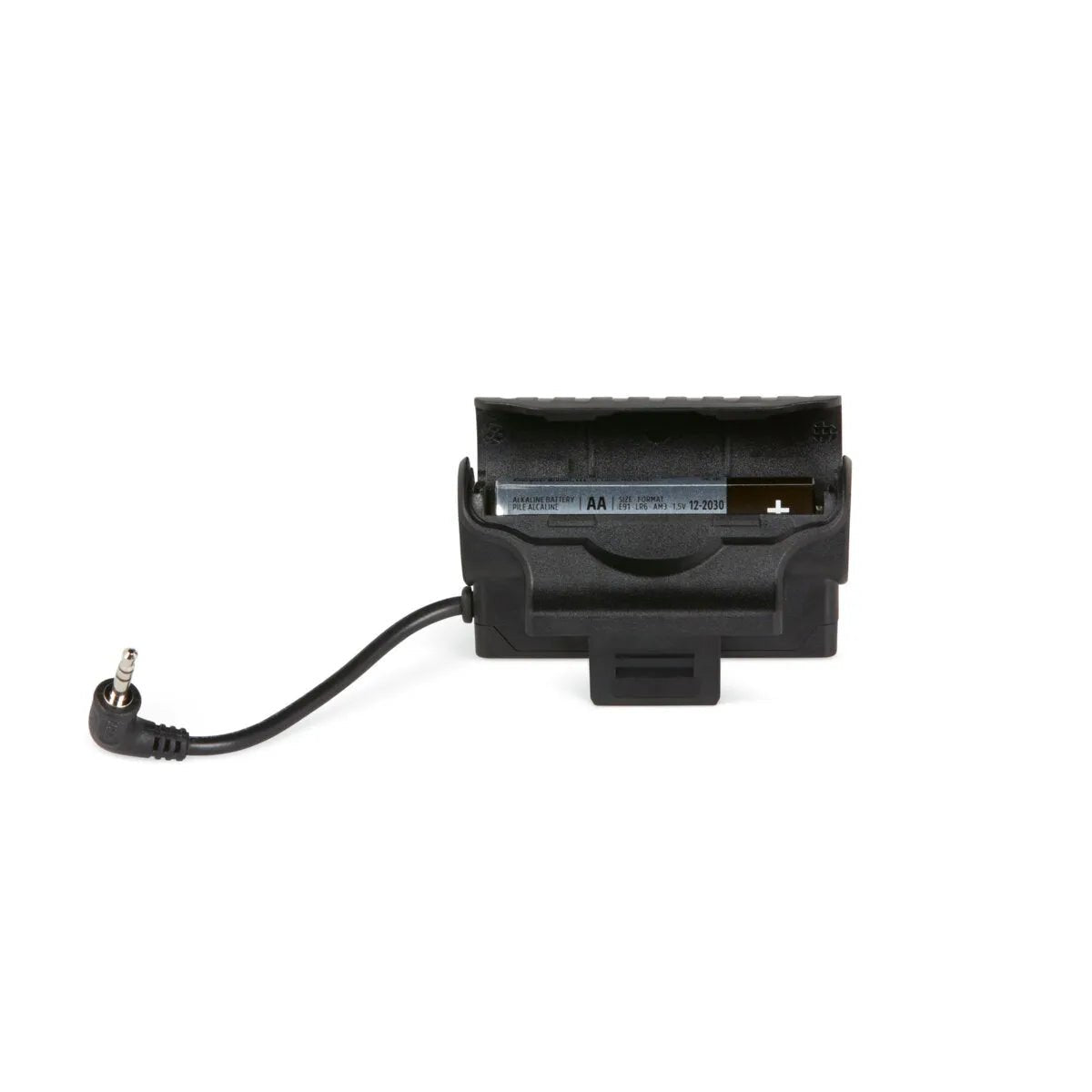 A black plastic AA battery holder powers the Lincoln VIKING 2450 ADV Series Intergalactic Welding Helmet - K5243-5, shown from the back with a short cable and right-angle 3.5mm audio jack against a plain white background.