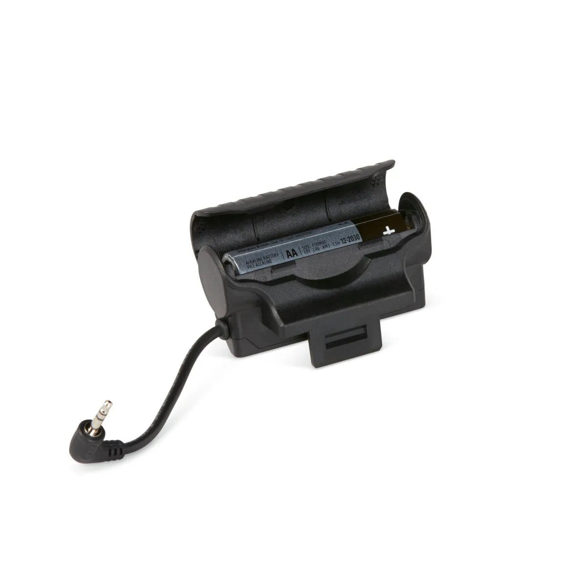 A black battery holder with a single AA inside, shown partially open, features a right-angle 3.5mm audio plug and is ideal for use with the Lincoln VIKING 2450 ADV Series Intergalactic Welding Helmet (K5243-5).