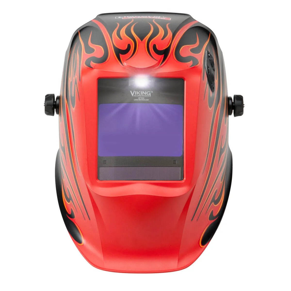 The Lincoln VIKING 2450 ADV Series Street Rod Welding Helmet (K3035-5) features a red shell with yellow and black flame graphics, a rectangular auto-darkening lens, side adjustment knobs, and Viking above the lens. Shown front-facing on white.