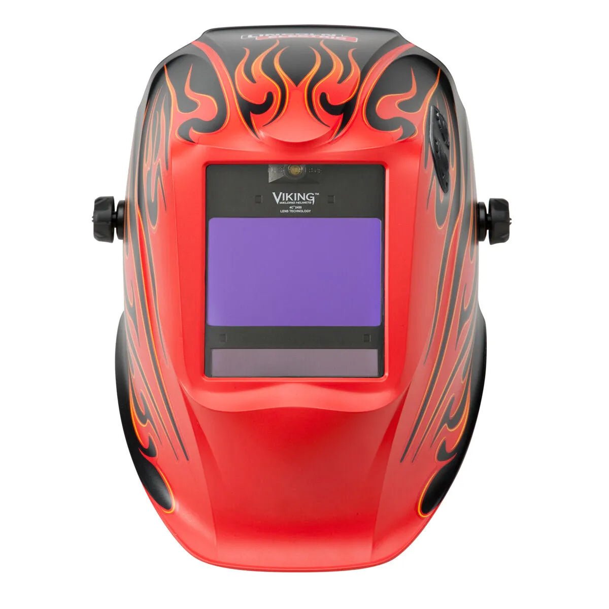 The Lincoln VIKING 2450 ADV Series Street Rod Welding Helmet (K3035-5) is red and black with orange flames, a rectangular purple-tinted auto-darkening lens, side adjustment knobs, and VIKING above the viewing area.