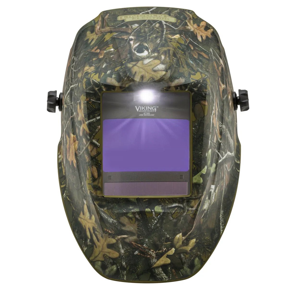 The Lincoln VIKING 2450 ADV Series White Tail Camo Welding Helmet (K4411-5) features a leaf and branch camouflage, rectangular viewing window with 4C Lens Technology, VIKING branding, and side adjustment knobs.