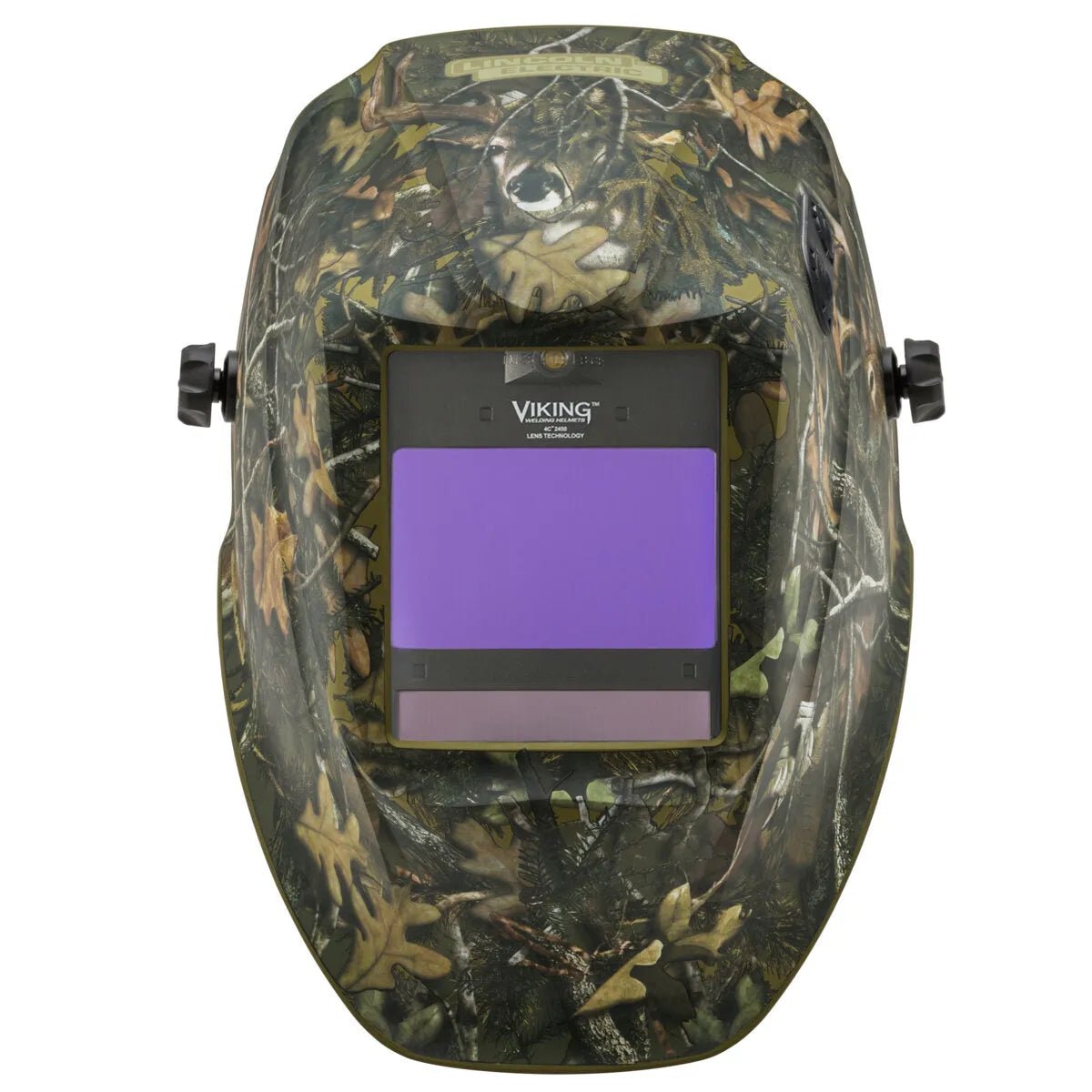 The Lincoln VIKING 2450 ADV Series White Tail Camo Welding Helmet (K4411-5) features 4C Lens Technology, a leaf-and-branch camouflage design, dual side adjustment knobs, and a rectangular “VIKING” viewing window on a white background.