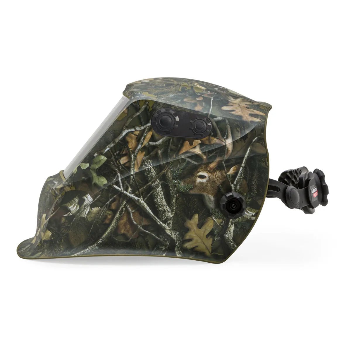 The Lincoln VIKING 2450 ADV Series White Tail Camo Welding Helmet (K4411-5) features a leaf and branch camouflage design with a hidden deer, 4C Lens Technology, and a clear face shield—perfect for outdoor welding tasks.