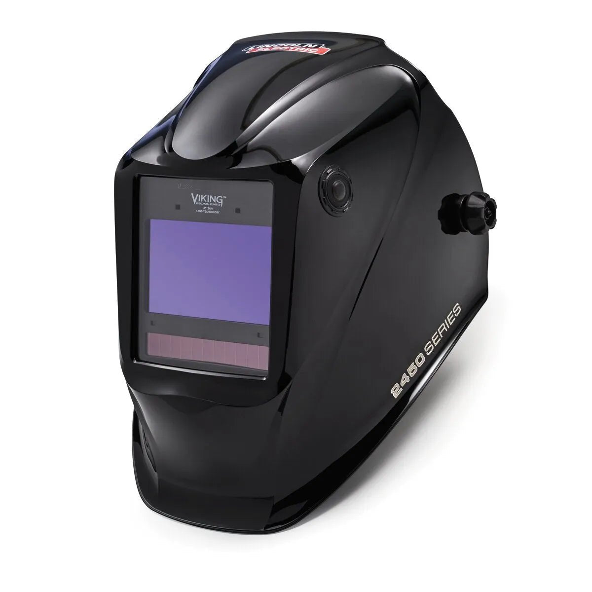 The Lincoln VIKING 2450 Black Welding Helmet (K3028-4) features a large auto-darkening lens, “2450 SERIES” on the side, VIKING above the lens, adjustable knobs, and a sleek, glossy black finish.