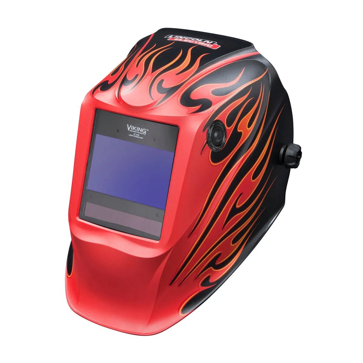 The Lincoln VIKING 2450 Street Rod Welding Helmet - K3035-4 boasts red, black, yellow, and orange flame graphics, a large auto-darkening 4C Lens viewing window, and side adjustment knobs—all showcased against a plain white background.