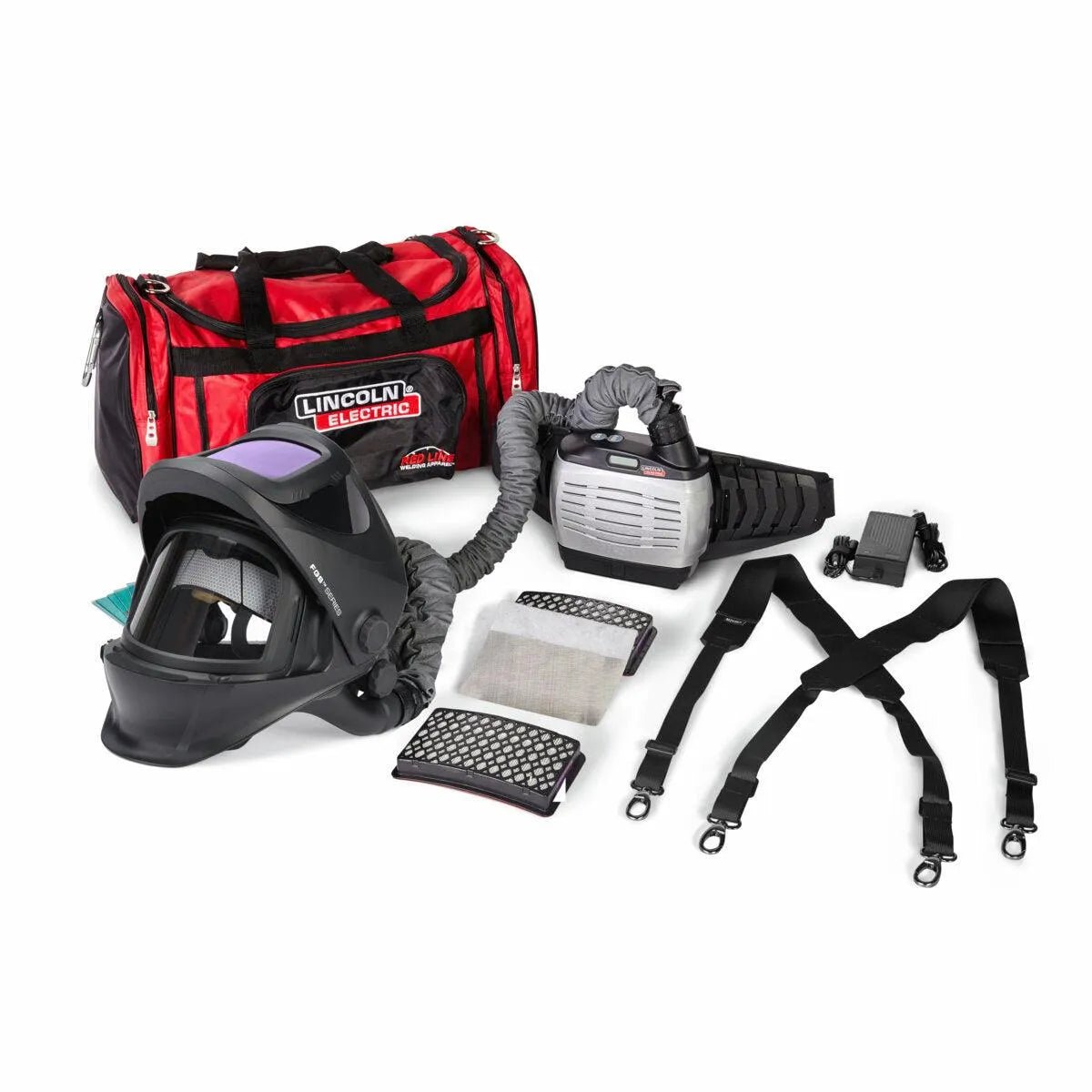 Lincoln VIKING 3250D FGS Hard Hat PAPR welding kit with auto-darkening helmet, HEPA unit, filters, and red carrying bag.