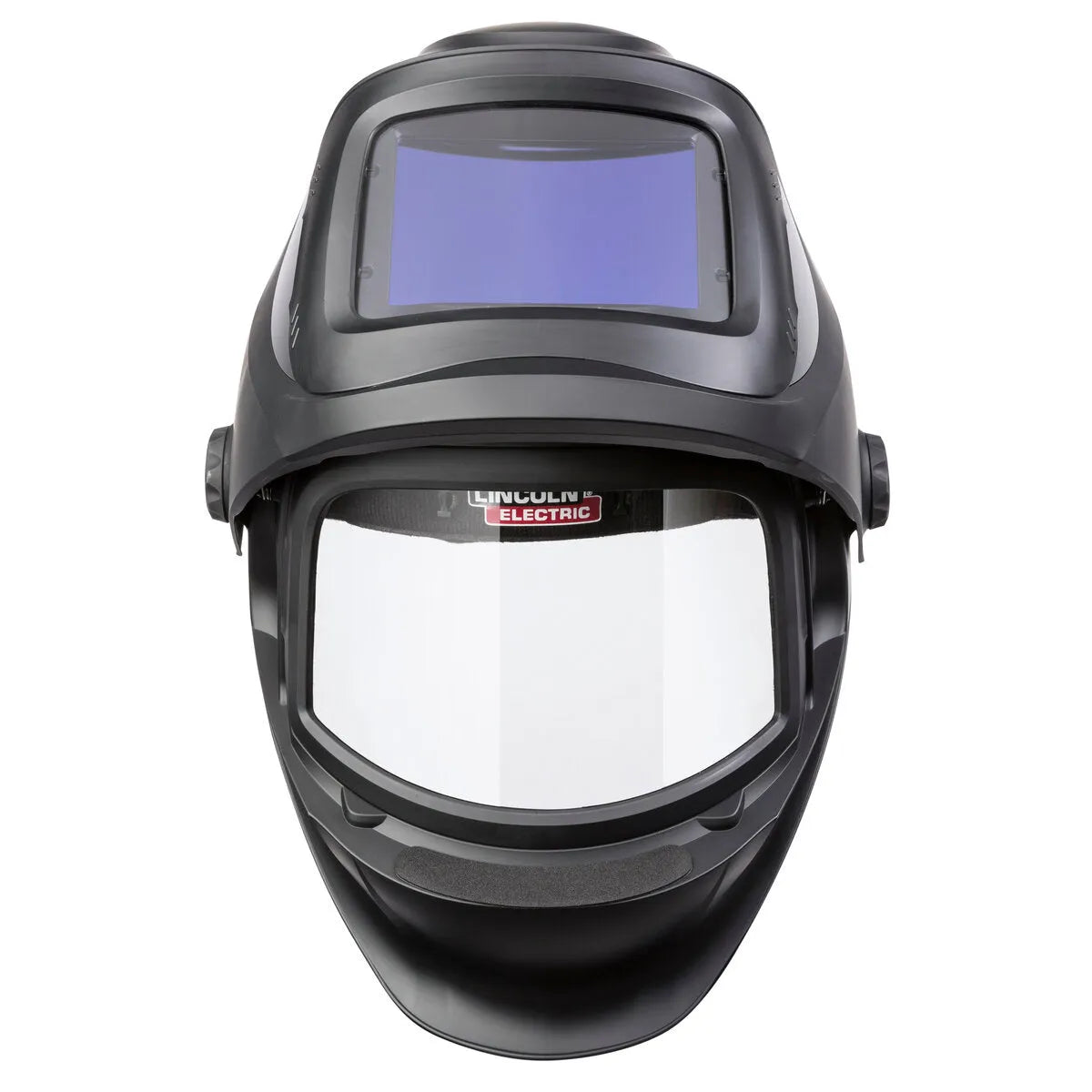 The Lincoln VIKING 3250D FGS Welding Helmet - K3540-3 has a large, clear face shield, rectangular auto-darkening lens, side adjustment knobs, and features Lincoln Electric branding on the shield.