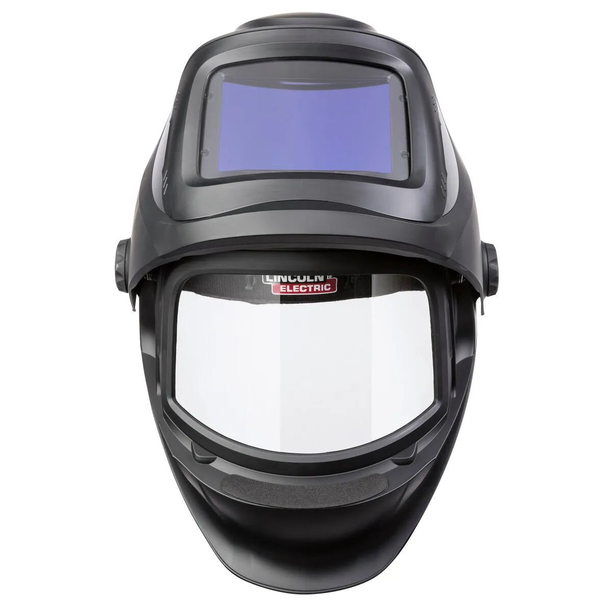 The Lincoln VIKING 3250D FGS Welding Helmet - K3540-3 has a large, clear face shield, rectangular auto-darkening lens, side adjustment knobs, and features Lincoln Electric branding on the shield.