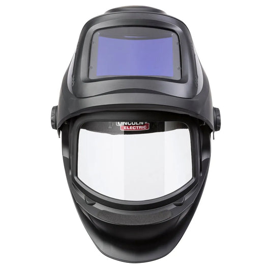The Lincoln VIKING 3250D FGS Welding Helmet - K3540-3 has a large, clear face shield, rectangular auto-darkening lens, side adjustment knobs, and features Lincoln Electric branding on the shield.
