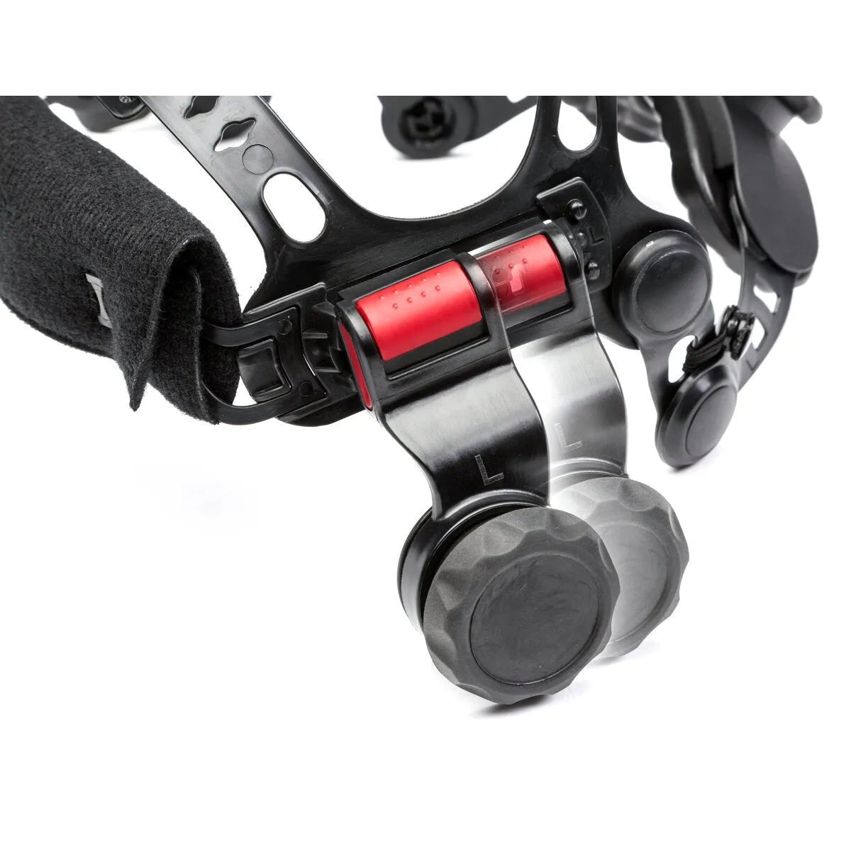 Close-up of a black adjustable headgear mechanism with a red tension dial and two grey L-labeled knobs, designed for the Lincoln VIKING 3250D FGS Welding Helmet - K3540-3. Features padded straps and comfort hinges.