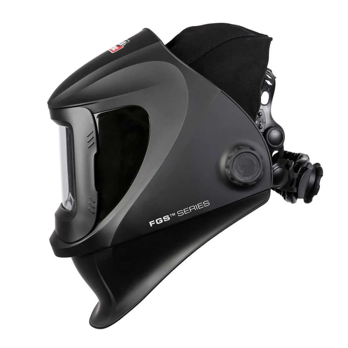 The Lincoln VIKING 3250D FGS Welding Helmet - K3540-3 features a matte black finish, large clear rectangular auto-darkening lens, side adjustment knob, FGS Series branding, padded headgear, modern curves, and chin guard.