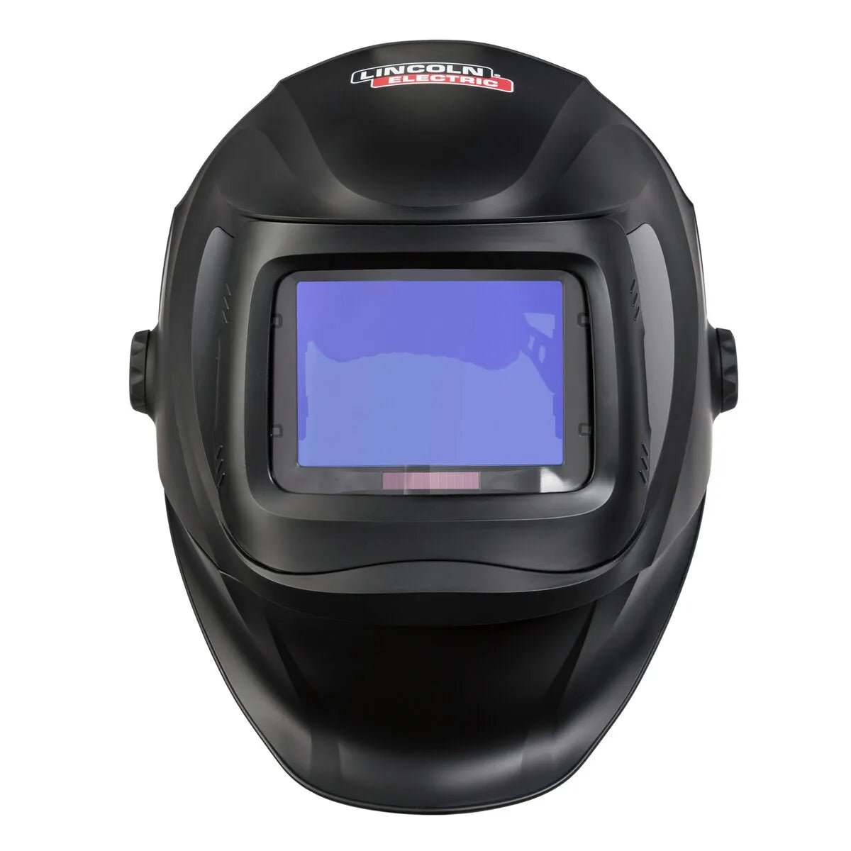 The Lincoln VIKING 3250D FGS Welding Helmet - K3540-3 features a black design, large blue-tinted auto-darkening lens, Lincoln Electric branding, smooth edges, and side adjustment knobs for comfort.