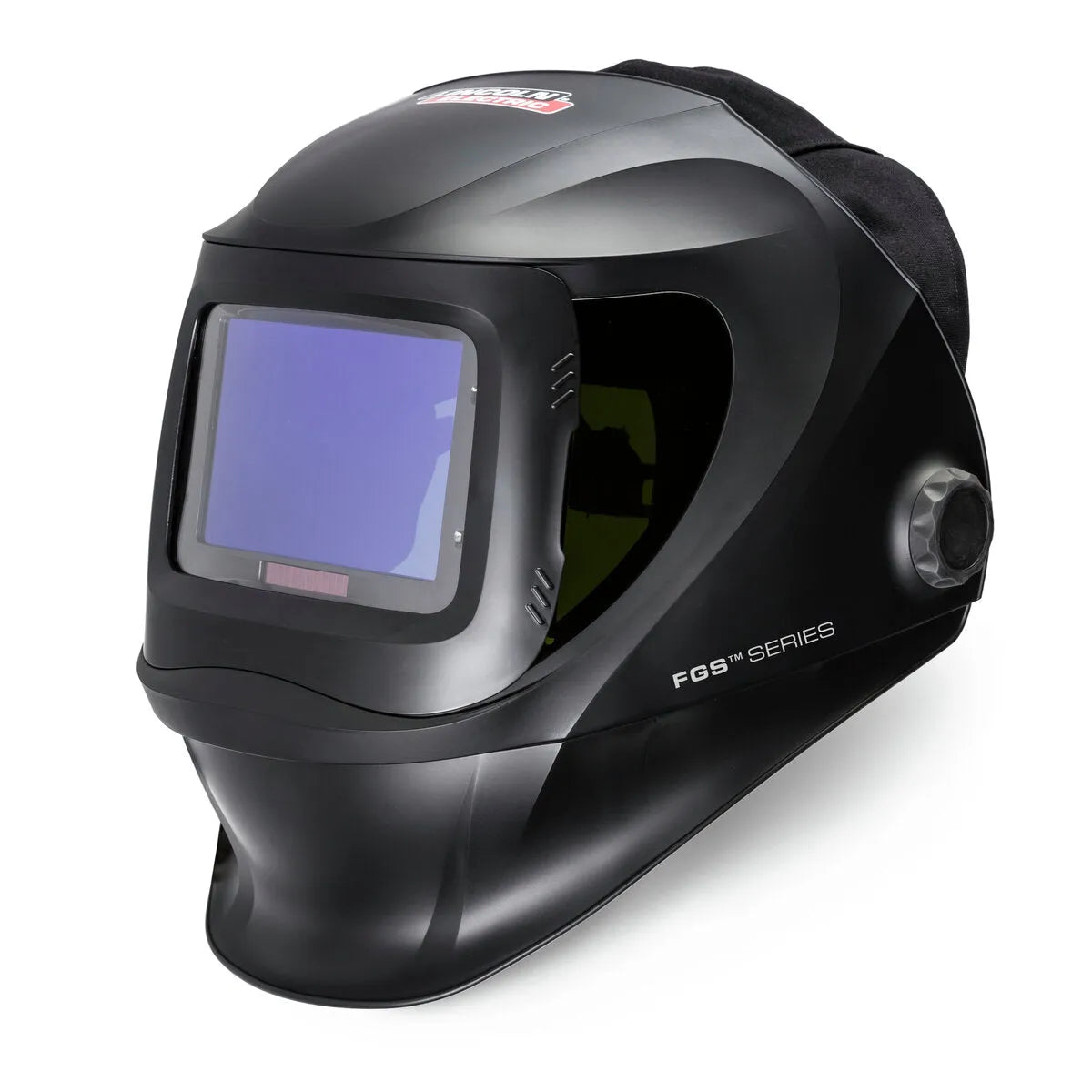 The Lincoln VIKING 3250D FGS Welding Helmet - K3540-3 features a matte black finish, large auto-darkening lens, rectangular tinted window, rounded design, and adjustable knob for comfort and protection. “FGS Series” is labeled on the side.