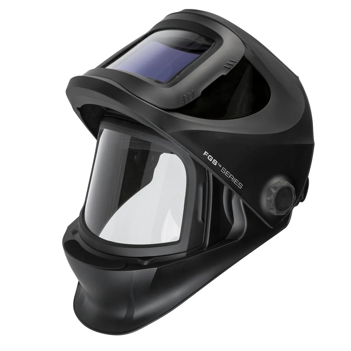 The Lincoln VIKING 3250D FGS Welding Helmet - K3540-3 features a sleek black design, large clear visor, auto-darkening lens, smooth curves, side adjustment knobs, FGS Series label, and a convenient flip-up tinted lens.