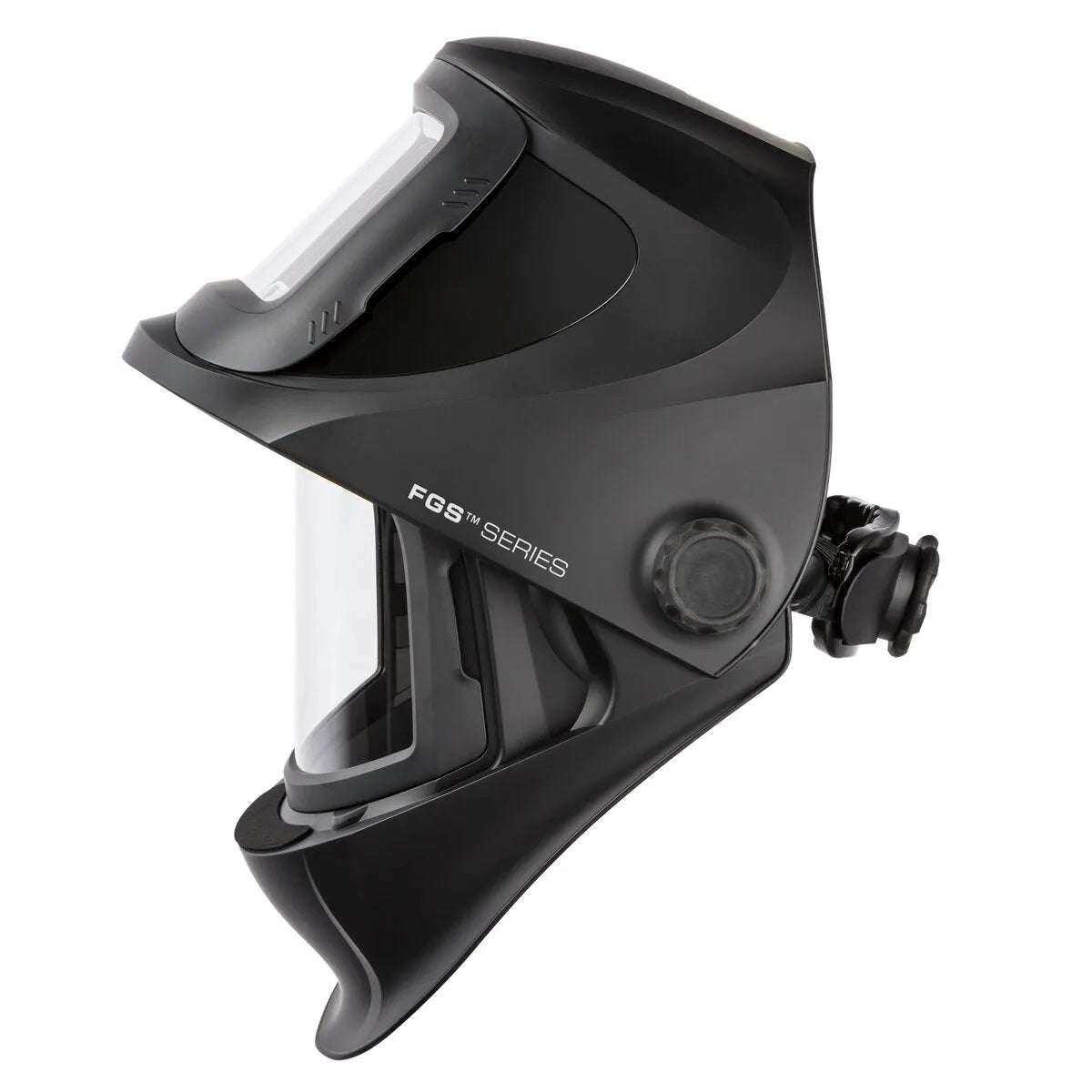 The Lincoln VIKING 3250D FGS Welding Helmet - K3540-3, shown in side profile, features a large auto-darkening lens, adjustable headgear with a rear adjustment knob, “FGS SERIES” text, and a modern design with smooth contours.